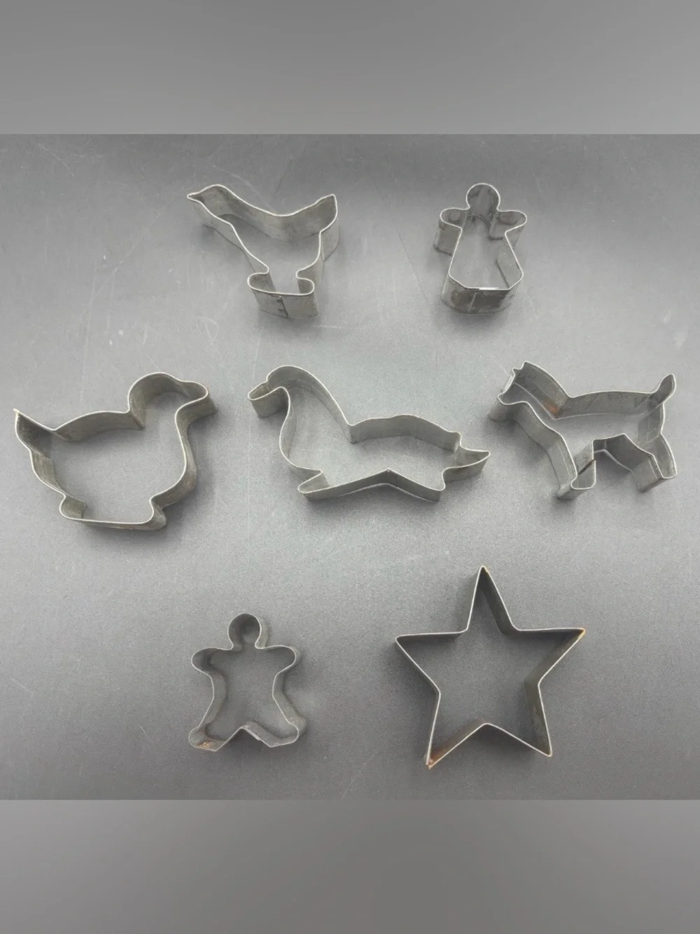 Set of 7 Vintage Metal Cookie Cutters  (Birds, Star, Dog, Duck, Man)